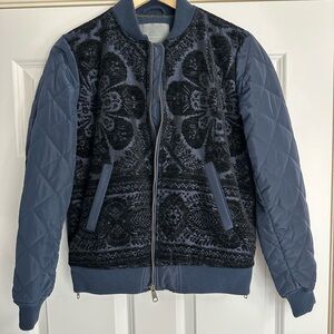 Anthropologie Bomber Jacket in Blue and Black with Velvet Pattern